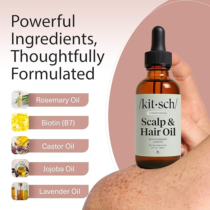 Kitsch Rosemary Oil for Hair Growth – Pre-Wash Hair Oil with Castor, Biotin, Jojoba – Hair Care, Adds Shine, Strengthens Roots, Scalp Treatment | Ideal Gifts for Women – Lavender Scent, 60mL