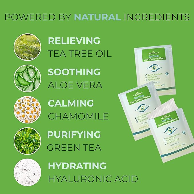 NOVEHA 120Pcs Tea Tree Oil Eyelid & Lash Wipes With Hyaluronic Acid, Green Tea & Chamomile For Blepharitis & Itchy Eyes, Individually Wrapped Eyelash Wipes, Natural Makeup Remover & Cleanser (2 Pack)