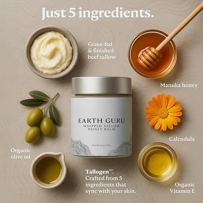 Earth Guru Whipped Beef Tallow for Skin 2oz, 100% Natural Beef Tallow and Honey Balm, Face Moisturizer & Body Lotion Cream, Grass-Fed & Finished, Sebo De Res Para La Cara, Organic Olive Oil, Manuka