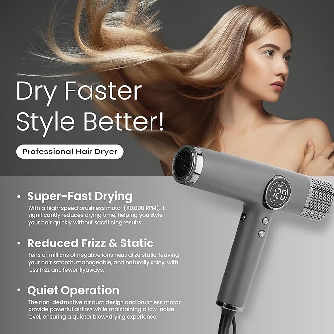 Hair Dryer for salon-1800W high Speed Powerful Blow Dryer with a110,000 RPM Lightweight Turbo Heat for Fast Drying (Silver)