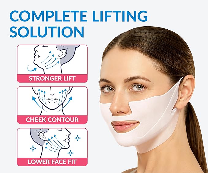 Stylia MaxiLift V-Line Lifting Collagen Face Mask - Advanced Double Chin Reducer - Jawline Shaper - Neck Firming and Tightening Mask with Hyaluronic Acid & Aloe Vera - Chin Strap for Sleeping (10PC)