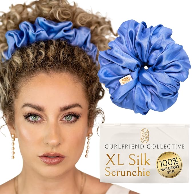 Silk Scrunchies for Women Ponytail Holders – Oversized Mulberry Silk Scrunchies – Extra Large No Damage Hair Ties for Curly, Thick, and Thin - Hair Accessories for Women – Cerulean, XL By Curlfriend