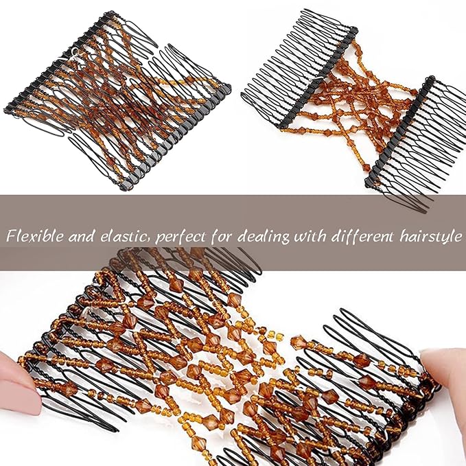 5 Pieces Magic Hair Comb Stretchy Double Comb Elastic Beaded Hair Clips for Women Girls Vintage Hairstyle Multipurpose Hair Accessories (Black, Brown, White, Pink,Blue)