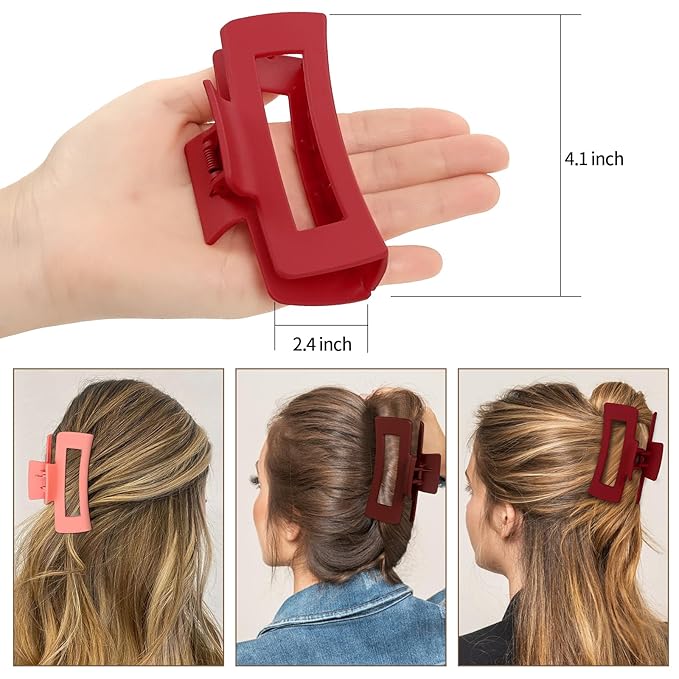 4 Inch Big Hair Claw Clips 6 Pcs Large Claw for Thick Hair Square Hair Clips for Women Rectangle Hair Clips Nonslip Acrylic Banana Jaw Clips Hair Accessories for Girls (Red)