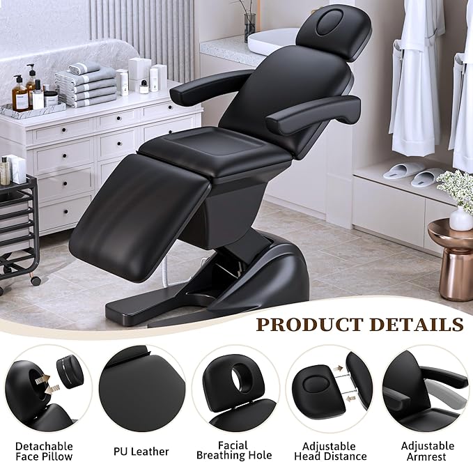 3 Motor Electric Esthetician Bed, Fully Electric Facial Chair with Adjustable Height, Backrest and Footrest, Spa Chair with Armrest & Heavy Duty Base, PU Leather for Spa, Tattoo, Eyelash and So On