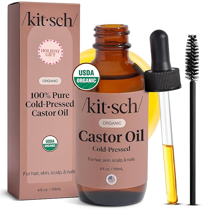 Kitsch Organic Castor Oil for Hair Growth - 100% Pure Castor Oil, Organic Cold Pressed Unrefined Glass Bottle for Face, Skin, Lashes, Brows, Scalp, Nails & Belly Button | Ideal Gifts for Women - 4 oz