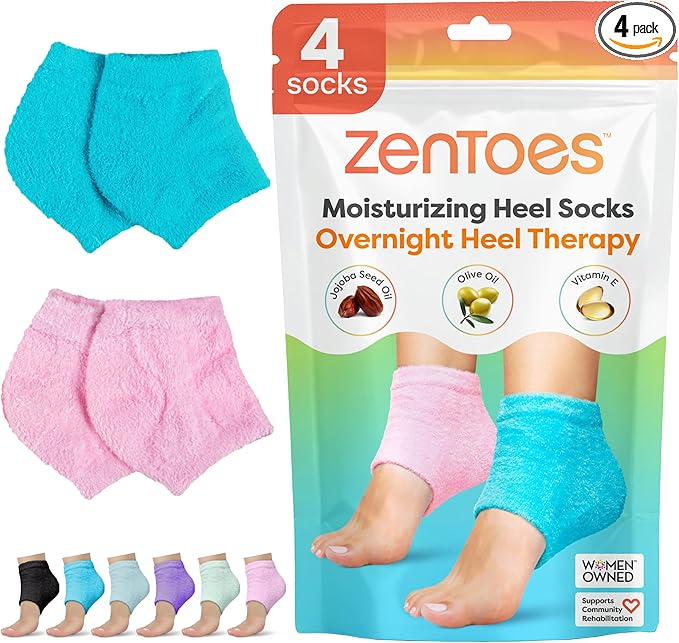 ZenToes Moisturizing Socks for Cracked Heel Treatment, Vitamin E, Olive Oil and Jojoba Oil Heel Socks, Stocking Stuffers for Women, Spa Self Care Gifts for Women (Fuzzy Blue and Pink, Regular)