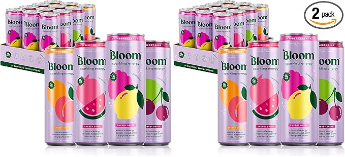 Bloom Nutrition Sparkling Energy Drink, Variety Pack | Zero Sugar | 180mg Caffeine | Antioxidant-Rich | 24 Pack