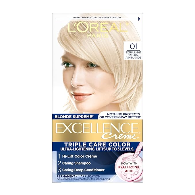 L'Oreal Paris Excellence Crème Permanent Hair Dye, Triple Care Hair Color with Pro-Keratine Complex for 100% Gray Hair Coverage, 01 Extra Light Natural Ash Blonde, 1 Kit