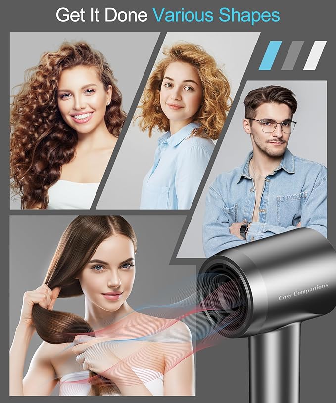 Cosy Companions Hair Dryer - Negative Ionic Blow Dryer with 150000 RPM High Speed Brushless Motor for Fast Drying, Low Noise, HD Display Hair Dryer with Diffuser and Nozzle, 5 Temps & 2 Speeds