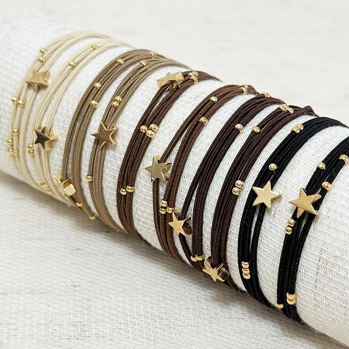 10 Packs Star Hair Ties with Gold Beads – Thin Elastic Ponytail Holders Hair Accessories for Women