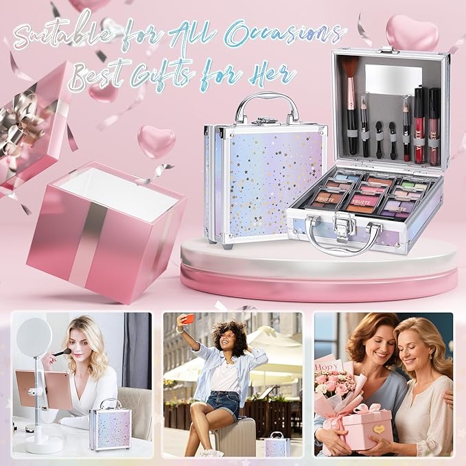 Beginner Makeup Set for Teen Girl Women, Makeup Present for Her, Makeup Kit with Cosmetic Train Case Contained Eyeshadow Blush Lip Gloss and Oil Lip Liner Eyeliner Brushes Mirror (Purple)