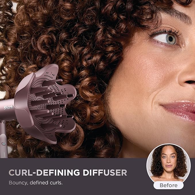 Shark FlexFusion Hair Straightener & Powerful Dryer with Diffuser, Fusion Hair Brush, Ceramic Air Styler with Auto-Wrap Curlers, Ceramic Plates, Cosmic Blush HD642S