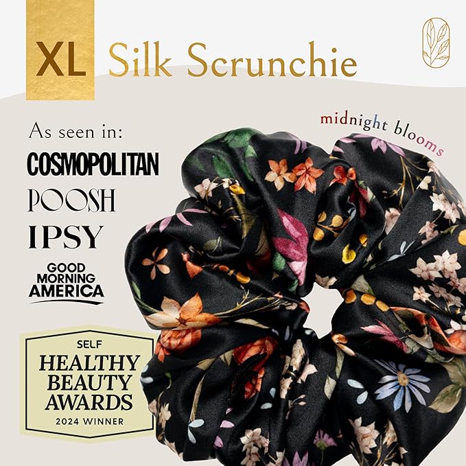 Silk Scrunchies Ponytail Holders – Oversized Mulberry Silk Scrunchies – Extra Large No Damage Hair Ties for Curly, Thick, and Thin - Hair Accessories for Women – Midnight Blooms, XL By Curlfriend