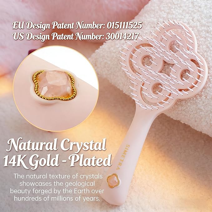 Simetra Detangler Hair Brush for Woman and Men, Original Detangling Brush for Curly Hair/Fine &Thick/Wet & Dry Hair, Holiday Present Hairbrush - Natural Crystal Inlay & 14K Gold Plating