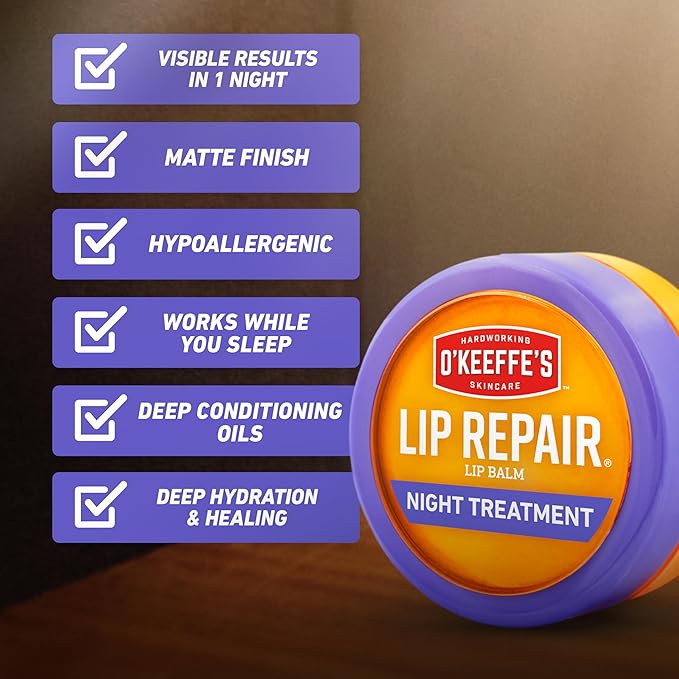 O'Keeffe's Lip Repair Night Treatment Lip Balm for Dry, Cracked Lips - 0.25 Ounce Jar (1 Pack) - Moisturizer Extremely Cracked, Dry Lips