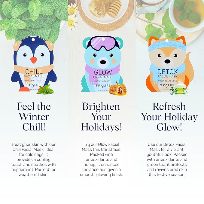 SpaLife Snow Buddies Facial Mask 10 Pack - Hydrating Character Sheet Masks for Women, Moisturizing Skincare Variety Set for Glowing Skin - Korean Facial Mask Spa Treatment with Natural Ingredients