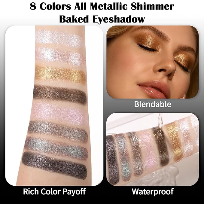 UCANBE 8 Color High-Intensity Baked Shimmer Eyeshadow Palette - Metallic Diamond-Like Shimmer, Highly Pigmented, Smooth & Blendable Formula for Dramatic & Radiant Eye Makeup (03 All Metallic)