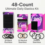 Goody Ultimate Daily Elastics Kit 48-Count | Ouchless No-Damage Hair Ties for Women & Men | 30 Black Elastics + 10 Neutral Seamless + 8 Black Seamless Ponytail Holders for All Hair Types