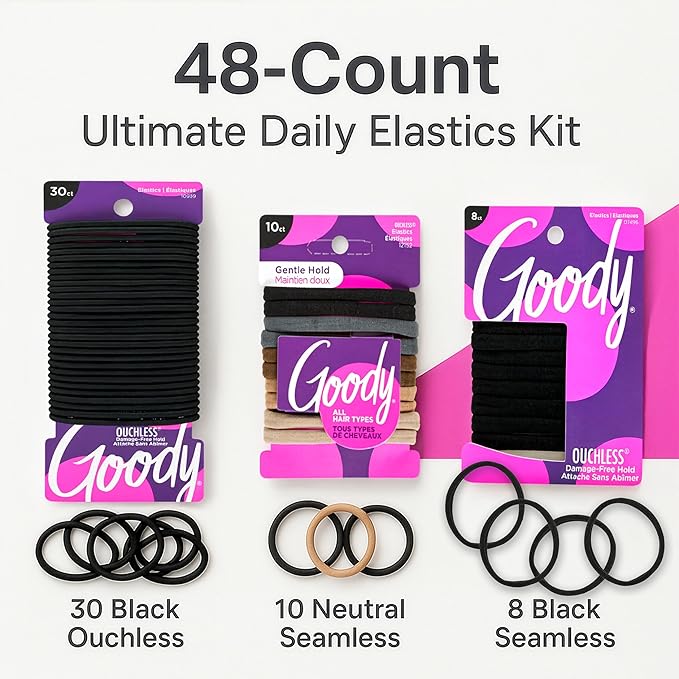Goody Ultimate Daily Elastics Kit 48-Count | Ouchless No-Damage Hair Ties for Women & Men | 30 Black Elastics + 10 Neutral Seamless + 8 Black Seamless Ponytail Holders for All Hair Types