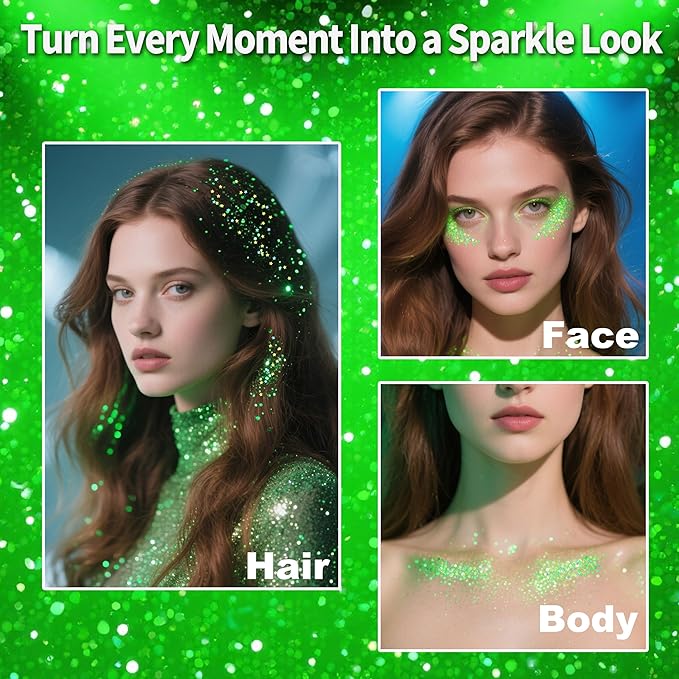 MEICOLY Light Green Body Glitter Stick,Green Accessories for Spirit Week,Alien Face Glitter,Hair Glitter for Women,Irish St Patricks Day Accessories,Festival Mermaid Chunky Makeup for Mardi Gras