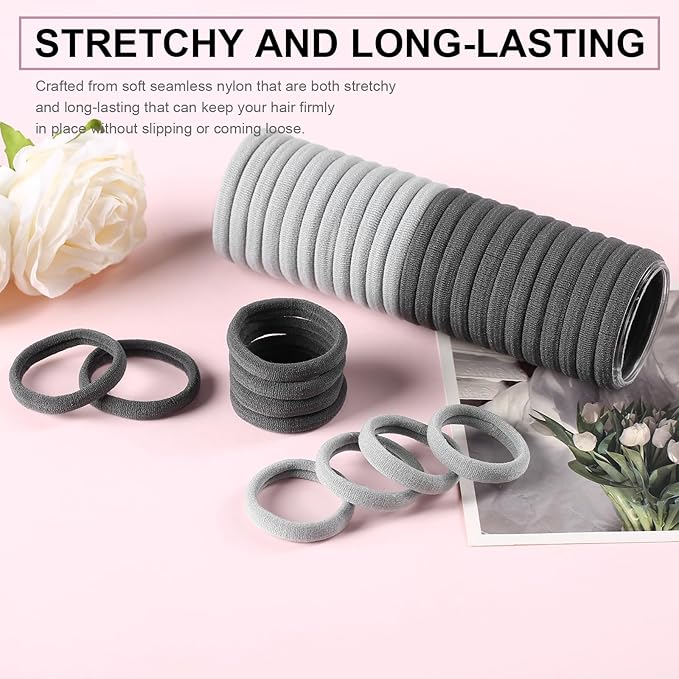 LuSeren 120 Pcs No Damage Hair Ties for Thick Hair, Large Soft Seamless Nylon Hair Elastics for Women, Ponytail Holders, Hair Accessories – Light Grey and Grey Color