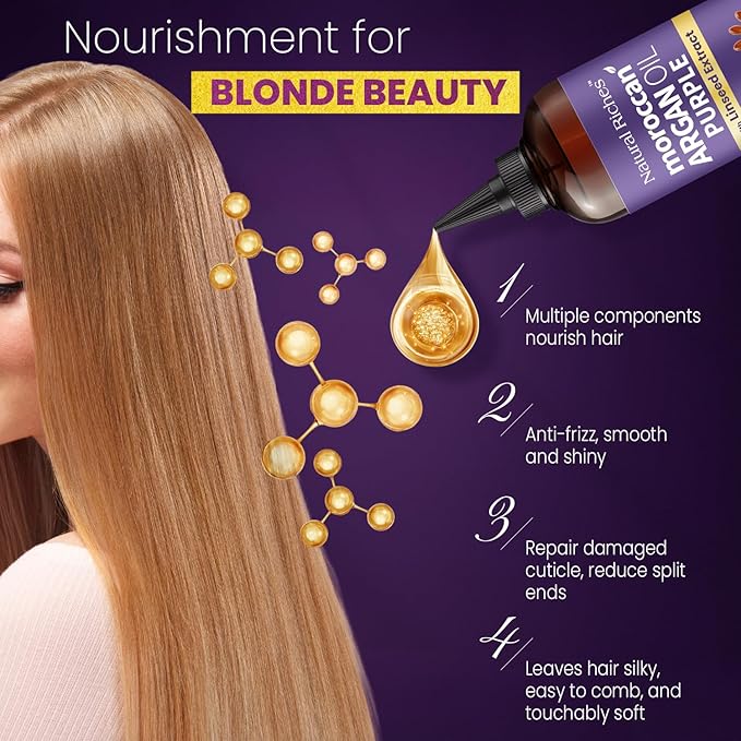 Natural Riches Purple Moroccan Argan Oil for Hair with Linseed Extract, Anti-Brass Formula for Blonde, Silver, Platinum & Grey Hair Neutralize Yellow Tone, Smooths Frizz & Restore Shine 8 fl oz