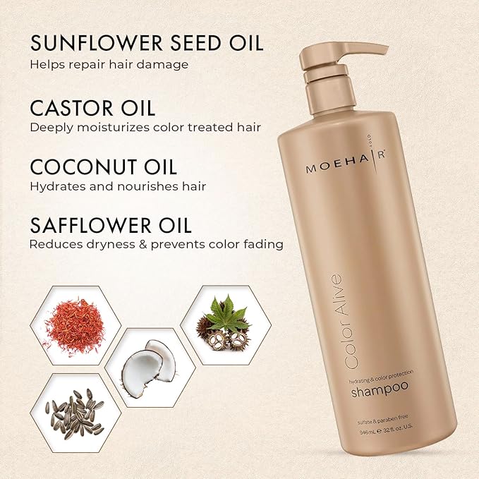 MOEHAIR Color Alive Shampoo | Moisturizing & Hydrating | Shampoo for Color-Treated Hair | Paraben & Sulfate Free | Rich in Safflower & Castor Oil | Controls Frizz (32 Fl. Oz)