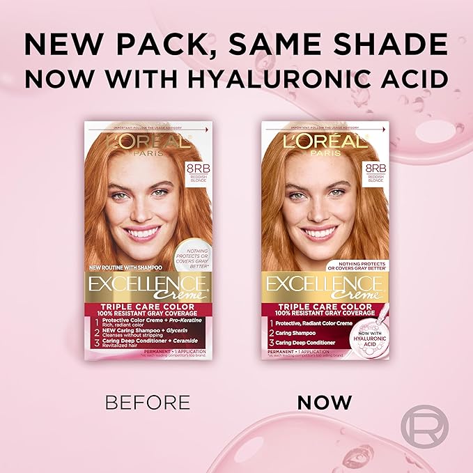L'Oreal Paris Excellence Crème Permanent Hair Dye, Triple Care Hair Color with Pro-Keratine Complex for 100% Gray Hair Coverage, 8RB Reddish Blonde, 1 Kit