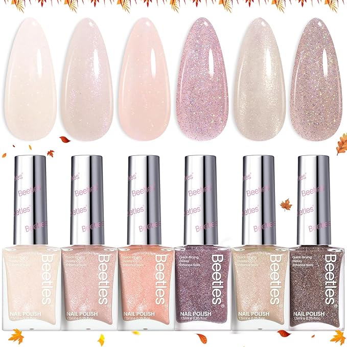 Beetles Nail Polish Set, 6 Colors Nude Nail Polish Kit Shimmer Nude Jelly Pink Champagne Mist Quick Dry Fingernail Polish Gifts for Women Salon DIY Manicure Kit