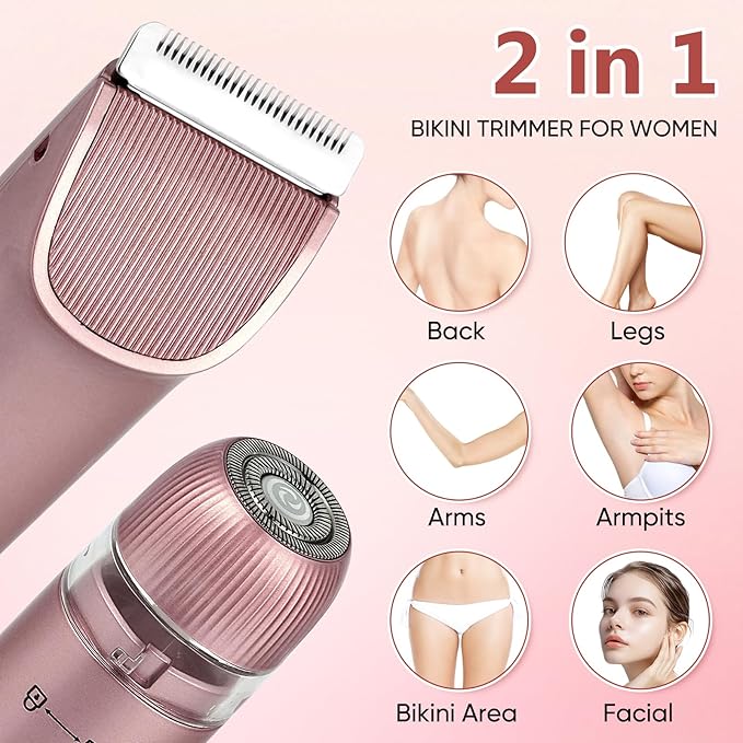 2 in 1 Women Electric Shaver Dual Head Bikini Trimmer for Women IPX7 Waterproof Wet & Dry Use Body Hair Trimmer and Facial Hair Remover for Bikini Underarm Leg Arm Body Face（Rose Gold）