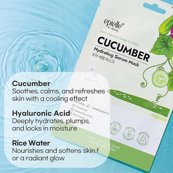 Epielle Cucumber Hydrating Serum Sheet Masks (5pk) | Korean Skincare | Facial Sheet Mask | Kbeauty, Spa Gifts for Women