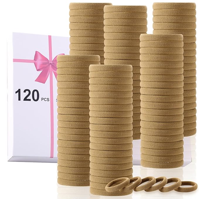 LuSeren 120 Pcs No Damage Hair Ties for Thick Hair, Large Soft Seamless Nylon Hair Elastics for Women, Ponytail Holders, Hair Accessories – Light Brown