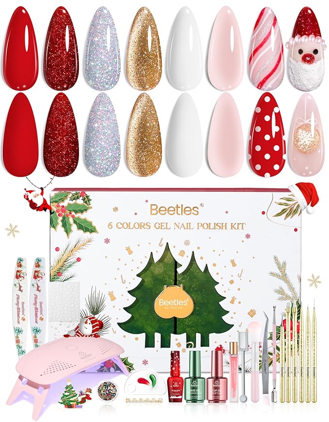 Beetles 27Pcs Gel Nail Polish Kit with U V Light Christmas Gifts for Women Teen Girls - 6 Colors Gel Nail Kit Merry Glitz Red Gold Cat Eye Glitter Jelly Winter Set Soak Off Salon DIY Manicure Set
