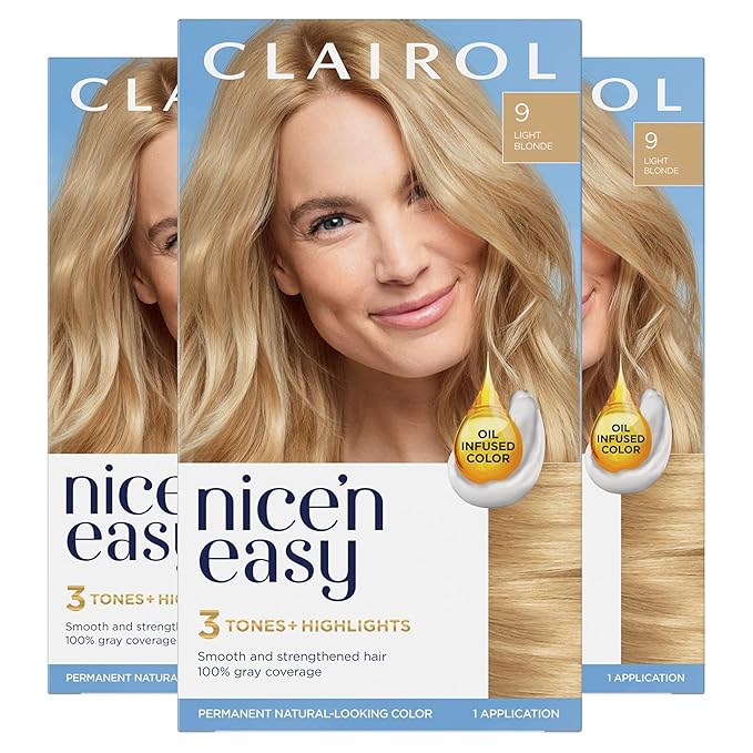 Clairol Nice'n Easy Permanent Hair Dye, 9 Light Blonde Hair Color, 3 Count