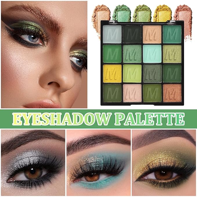Green Eyeshadow Palette Makeup,16 Colors Highly Pigmented Long Lasting Waterproof Glitter Eye Shadow Plattet,Blendable Forest Green Yellow Colorful Matte Eyeshadow Makeup Palette for Women