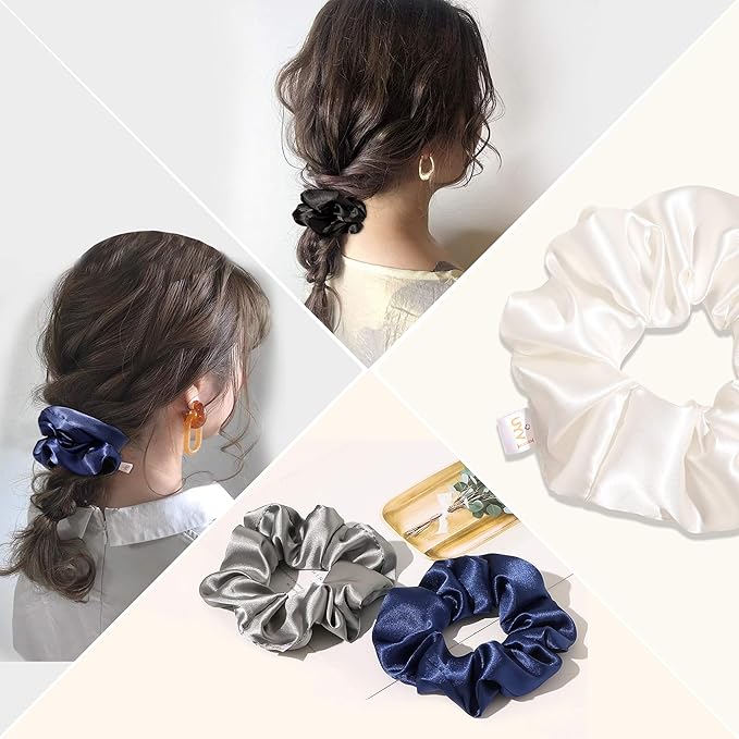 Ivyu Scrunchies, 4 Pack Silk Scrunchy for Girls Women Cute Hairties Hair Accessories Soft Ropes Ponytail Holder, White, Black, Navy, Gray