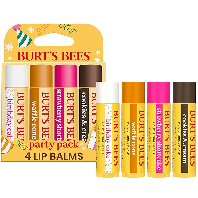 Burt's Bees Lip Balm Party Pack - Birthday Cake, Waffle Cone, Strawberry Shortcake, and Cookies & Cream, All Day Moisturizer, Tint-Free, Natural Origin Conditioning Lip Treatment, 4 Tubes, 0.15 oz.