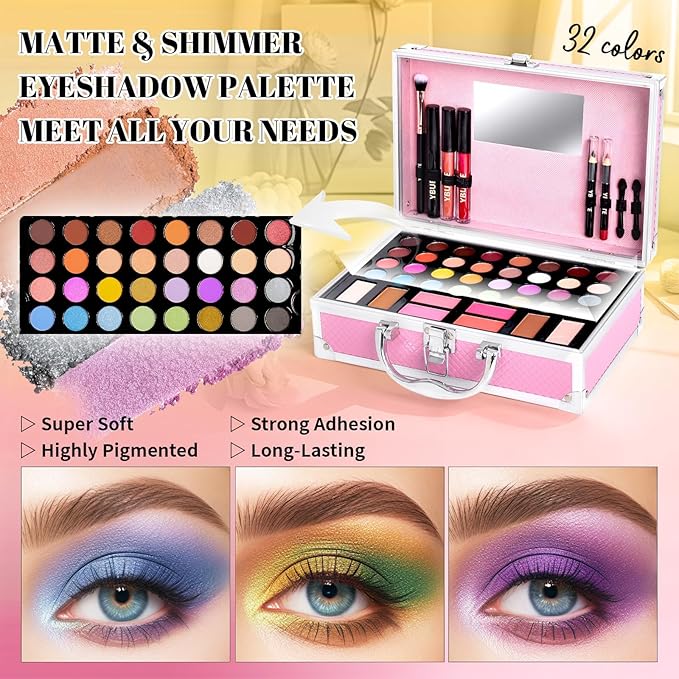 Beginner Makeup Kit for Teen,Makeup Set for Girl Women,Beginner Makeup Kit with Cosmetic Train Case Included 32 Colors Eyeshadow Blush Contour Lip Gloss Lip Liner Mascara Eyeliner Mirror