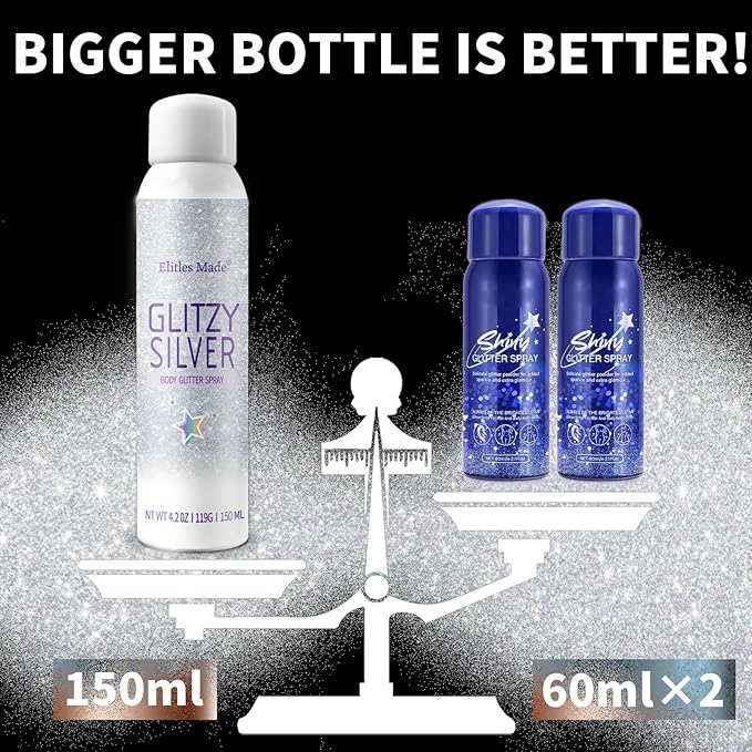 Hair Glitter Body Glitter Spray, 150ML Glitter Hairspray Silver Glitter Spray for Hair and Body, Hair Glitter for Kids Women, Body Shimmer Festival Rave and Makeup 4.2 Fl Oz