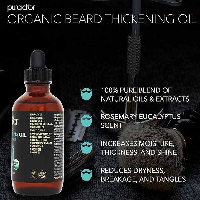 PURA D'OR 4 Oz Thickening Beard Oil – Moisturizing Blend with Rosemary, Biotin & Castor Oil – Increases Moisture, Thickness and Shine - Reduces Dryness and Breakage