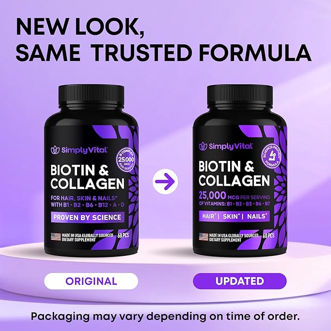 Biotin and Collagen Supplements with Keratin 25000 mcg - Hair Skin & Nails Vitamins with Collagen Keratin B Complex - Made in USA - Biotin for Hair Growth Women & Men Support Skin & Nails, 60 Capsules