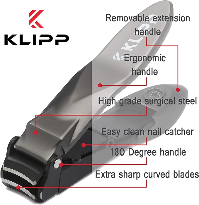 Nail Clippers for Men with Catcher - KLIPP Heavy Duty Razor-Sharp Self-Collecting Nail Cutter, Ergonomic Lever for Fingernails & Toenails, Ideal Gift for Men & Grooming Gifts Includes Ziplock Pouch