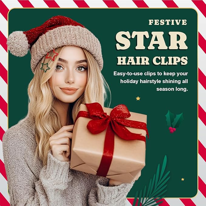 White Green Red Star Hair Clips Accessories for Girls Women Kids, Metal Snap Barrettes Cute Colorful Pins for Party Rave Large & Small Size 36pcs (Christmas)