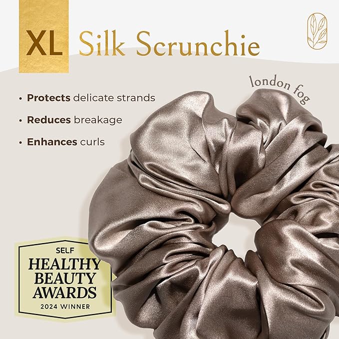 Silk Scrunchies for Women Ponytail Holders – Oversized Mulberry Silk Scrunchies – Extra Large No Damage Hair Ties for Curly, Thick, and Thin - Hair Accessories for Women – London Fog, XL By Curlfriend