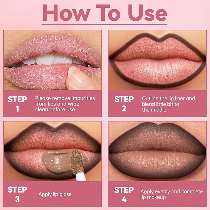 Lip Liner Gloss Lip Combo Set, 2 in 1 Lip Duo Dark Brown Lip Liner Lipstick Matte Velvet Nude Brown Gloss Lip Kit, Smooth Quick Fuller Plumping Lip Makeup for Women01#Matte Brown