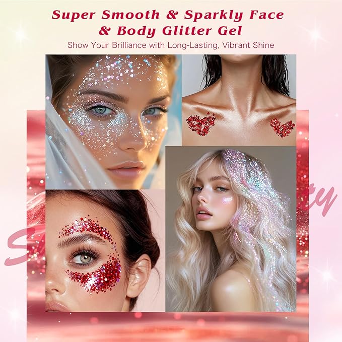 Body Glitter, Face Glitter Hair Glitter for Women Girls, Silver Red Glitter Gel for Makeup, Hair Accessories Kit with Hair Wax Stick, 500 Pcs Toddler Hair Elastic, Hair Styling Kit with Rat Tail Comb