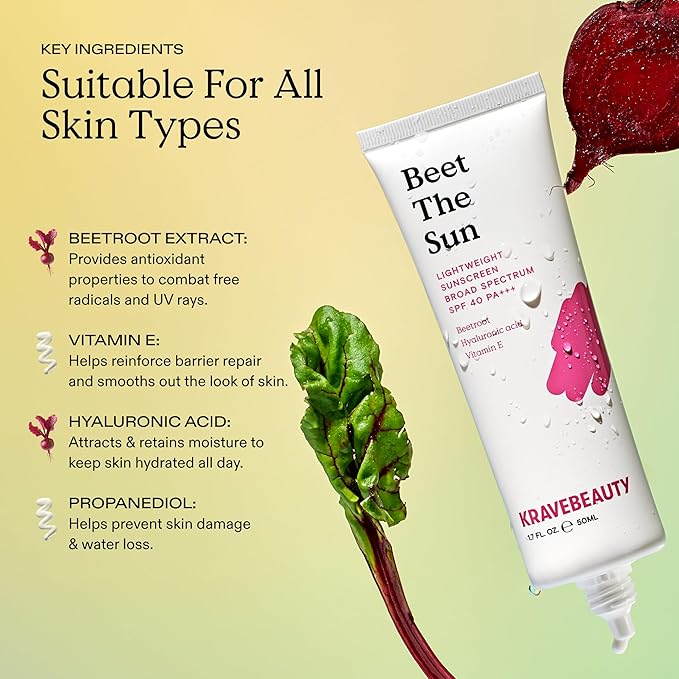 KraveBeauty Beet The Sun SPF 40 Duo – Korean-Inspired Daily Broad Spectrum Sunscreen, Non-Greasy, No White Cast, Vegan & Cruelty-Free, 1.7 fl oz x2