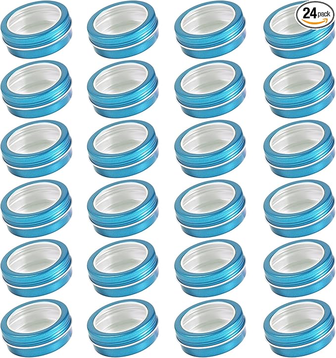 24 Pack 2 Ounce Screw Top Aluminum Tin Jar with Screw Clear Lid and Blank Labels, Refillable 60ml Metal Containers for Lip Balms, Candles, Salves, Spices, Crafts (Lake Blue)