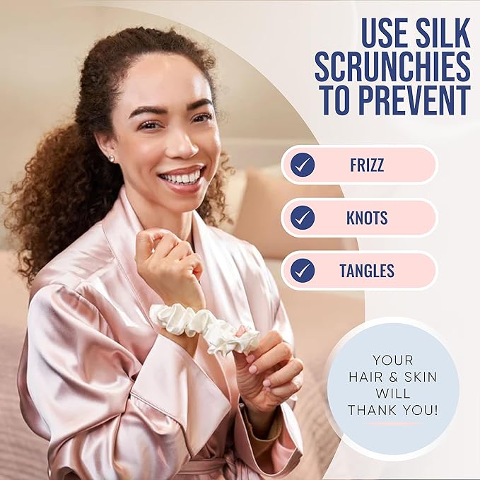 Blissy Silk Scrunchies (3 Pack) - 100% Pure Mulberry Silk - 22 Momme 6A High-Grade Fibers Scrunchie for Straight & Curly Hair - Preventing Breakage, Tangling, & Creasing (White Skinny)